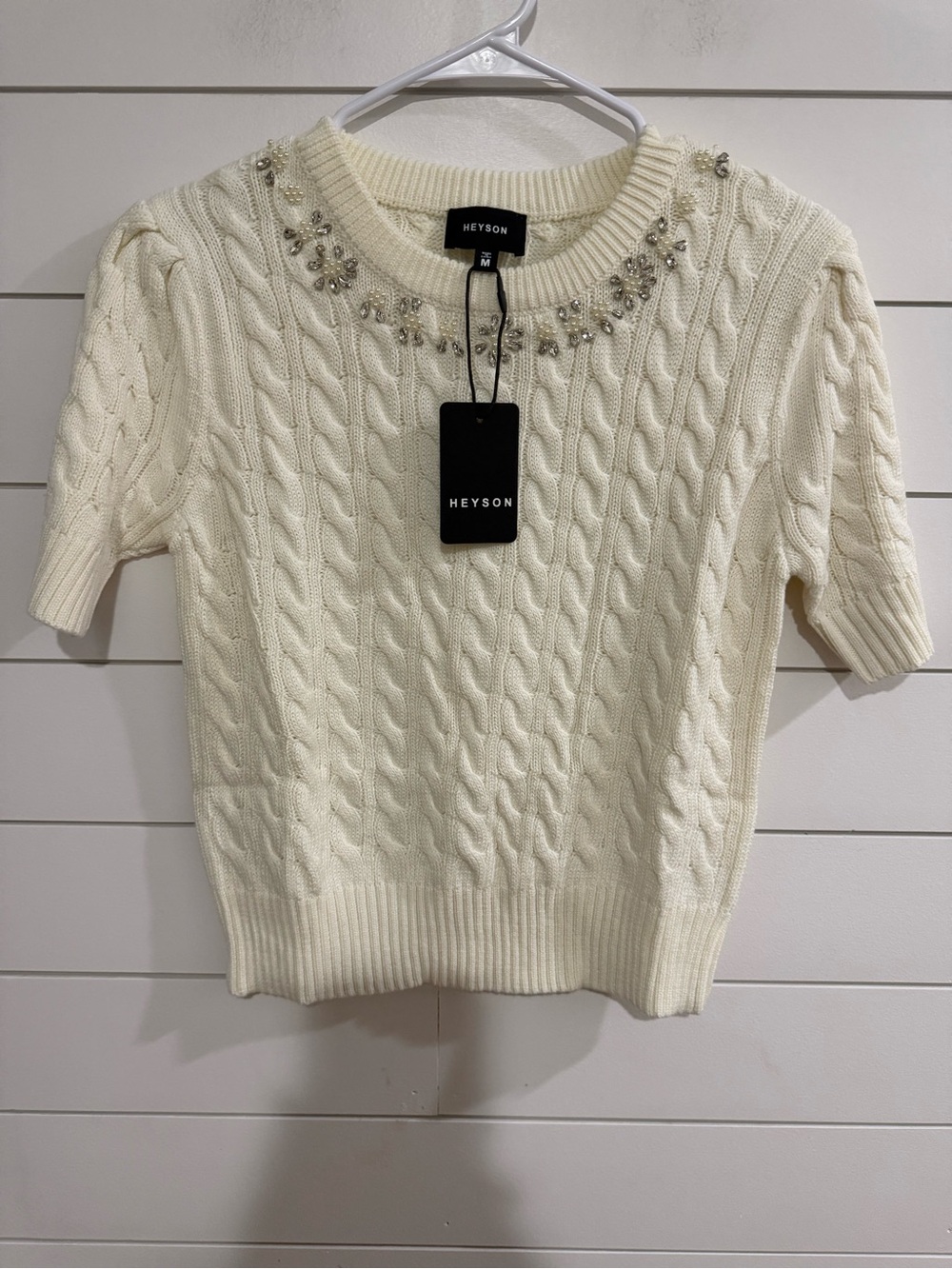 Heyson Cream Short-Sleeve Cable-Knit Sweater with Beaded Neckline